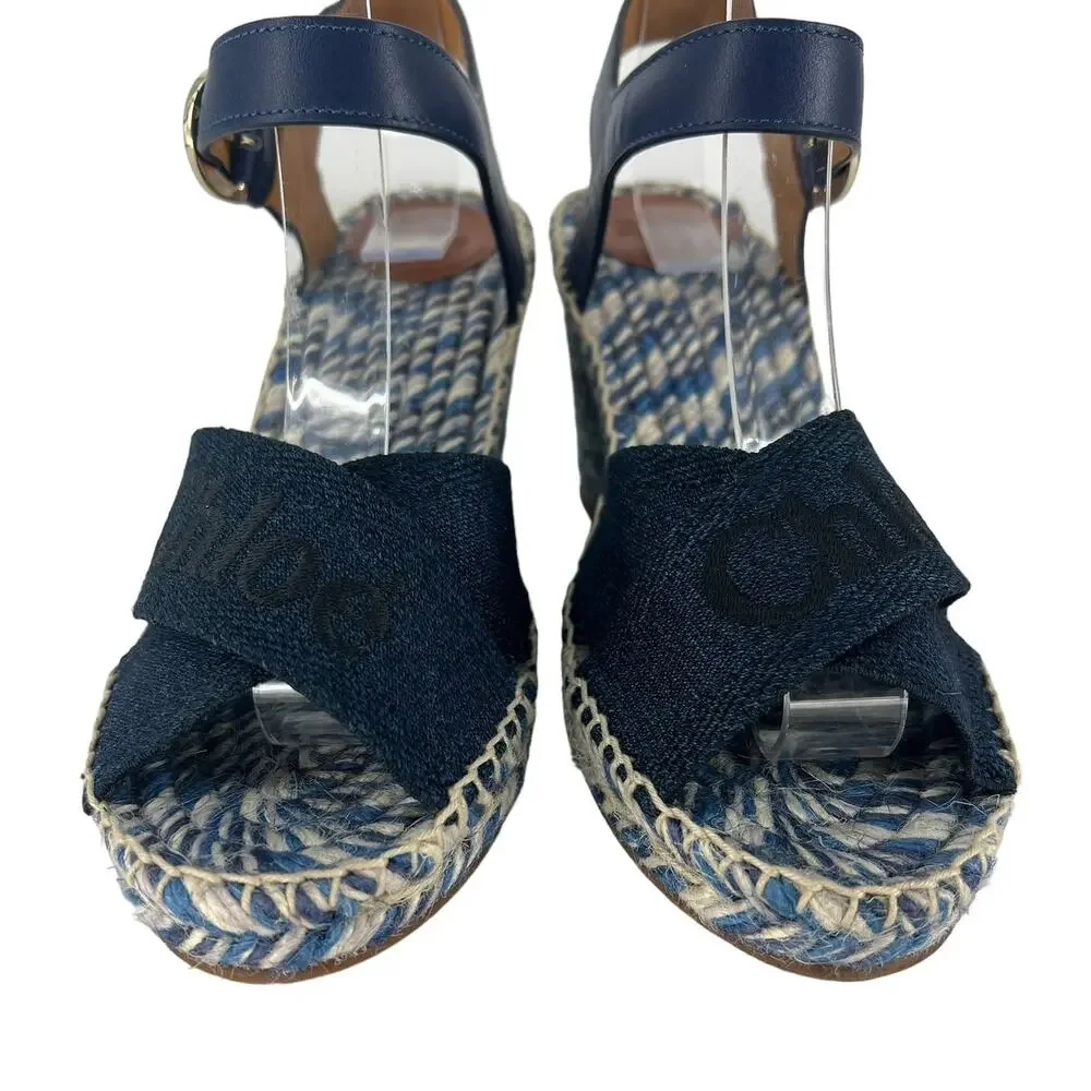 Chloe Piia Denim Logo‎ Espadrille Wedge Sandals with Leather Straps Size 36